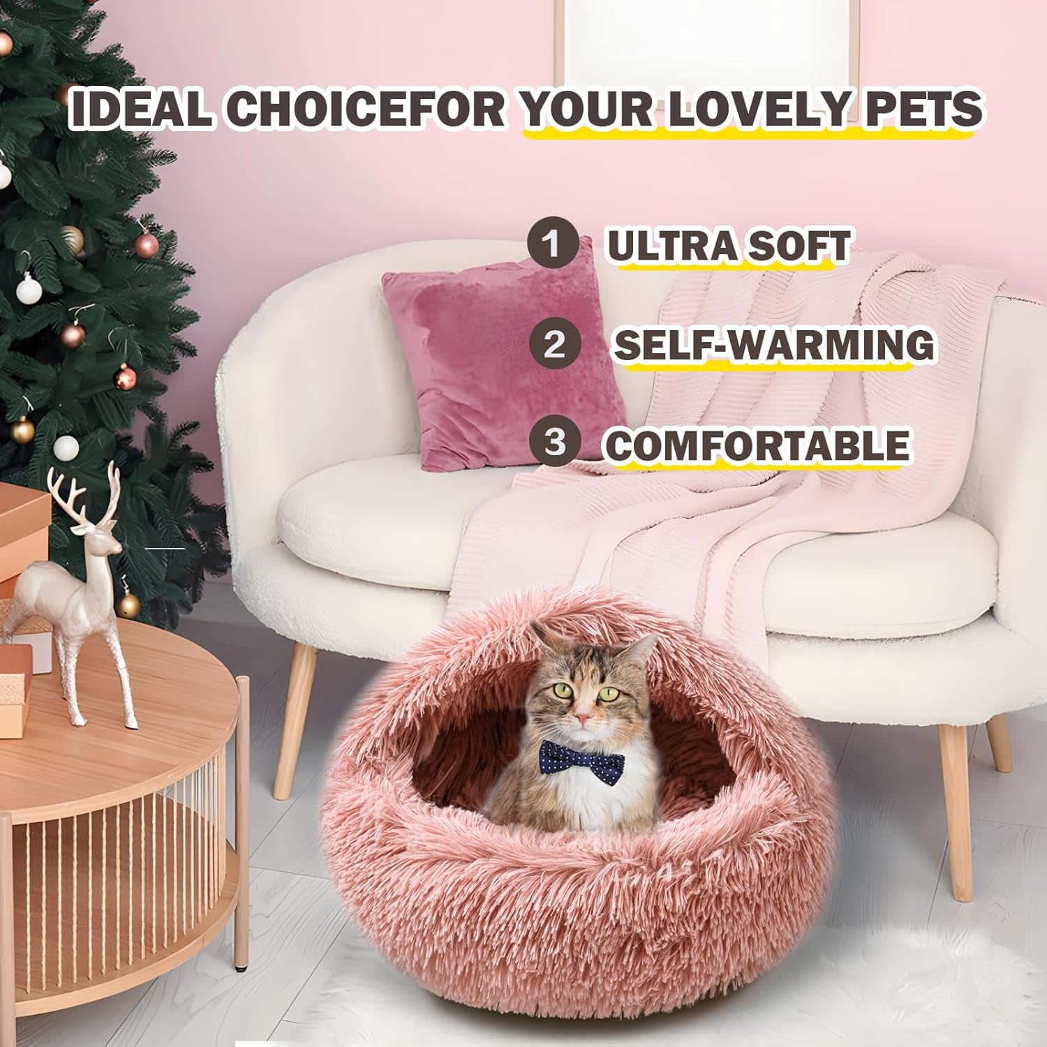 Cat Bed for Indoor Cats, Calming Cozy Cave with Self-Warming Plush, Entire Bed Machine Washable & Anti-Slip Base, Breathable Pet Bed for Small Cats&Dogs All Seasons (Leather Pink, 20 * 20inch) - Pet Explorer