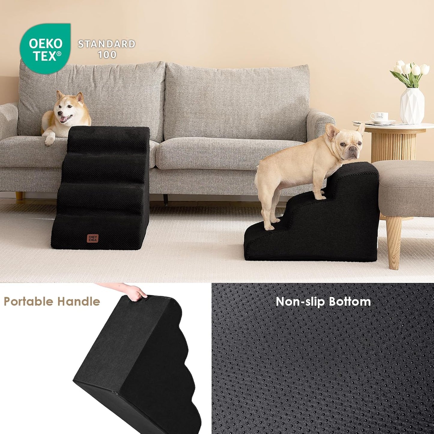 EHEYCIGA Curved Dog Stairs Ramp for Small Dogs 15.7" H, 3-Step Dog Steps for Couch Sofa and Chair, Pet Stairs for Cats, Non-Slip Balanced Pet Steps Indoor, Black - Pet Explorer