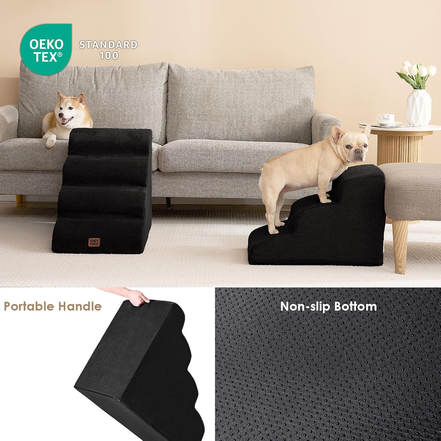 EHEYCIGA Curved Dog Stairs Ramp for Small Dogs 15.7" H, 3-Step Dog Steps for Couch Sofa and Chair, Pet Stairs for Cats, Non-Slip Balanced Pet Steps Indoor, Black - Pet Explorer
