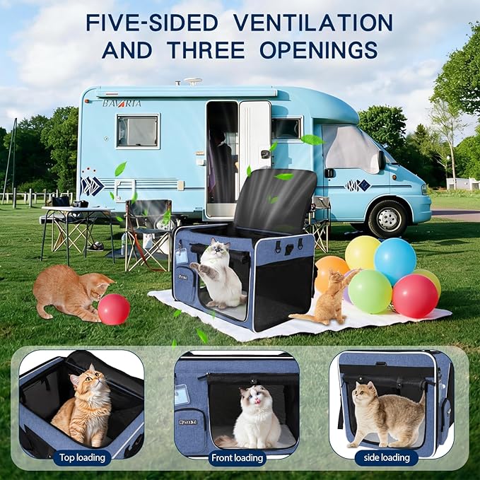 Petskd Extra Large Cat Carrier with Litter Box for Car Travel,24"x17"x17"Portable Soft-Sided Pet Carrier with Zipper Locks for Large Mudium Cats or 2 Small Cats Under 55LBS(Blue)
