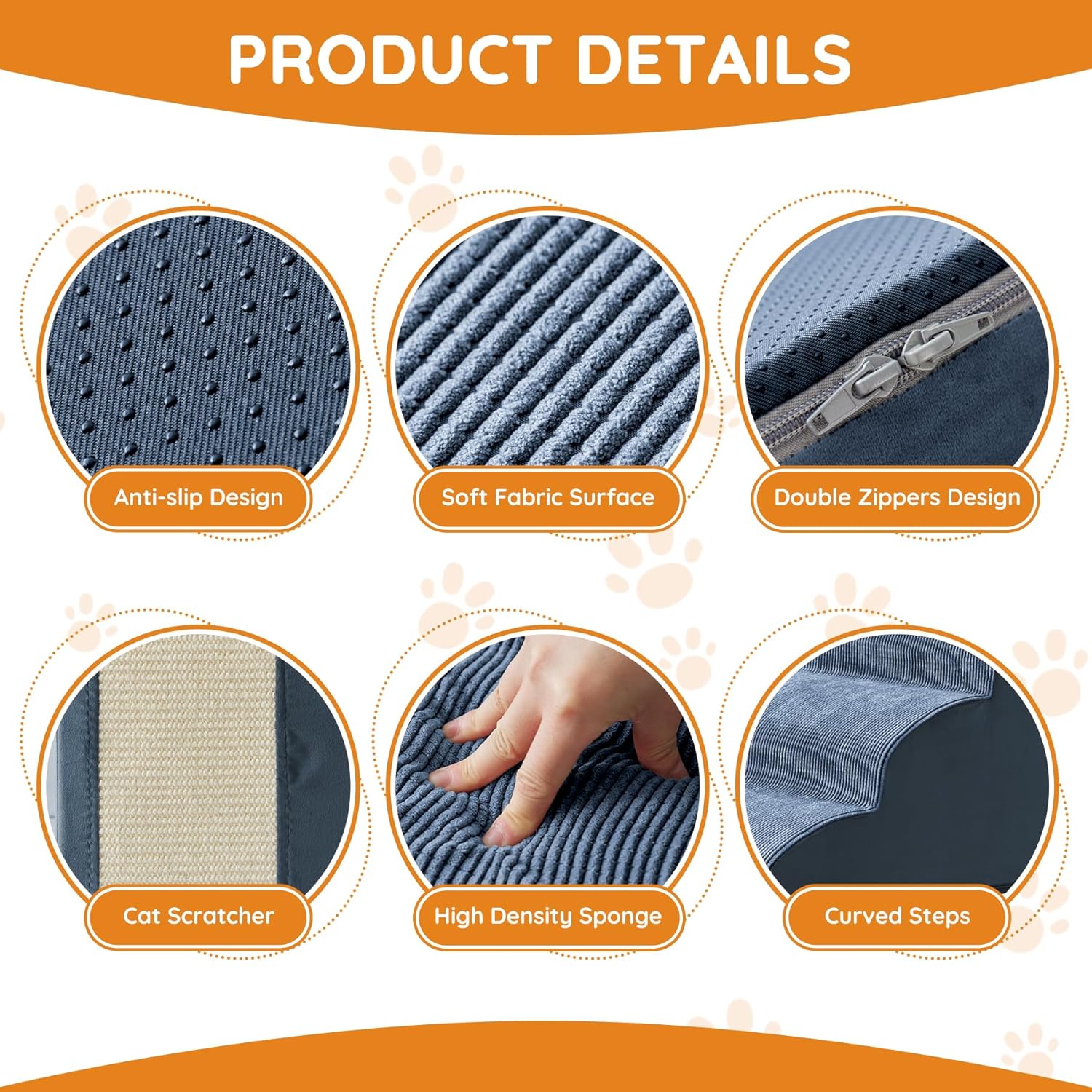 Pet Stairs, Dog Stairs for Small Dogs, Dogs Steps, 5-Step Curved Dog Ramp for Bed, Couch, Sofa, Car and Chairs, Non-Slip Bottom Design, Cat Scratching Board, High Density Foam Portable Pet Step, Navy - Pet Explorer