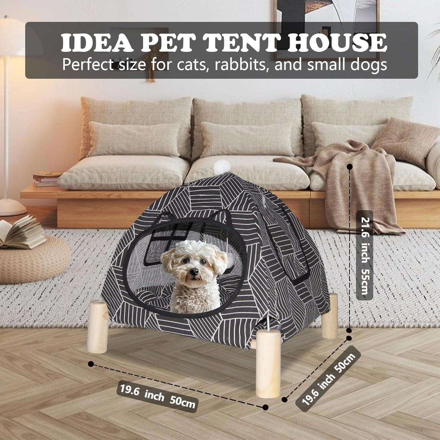 2-in-1 Elevated Cat Tent Cat House, Quick Assembly and Disassembly, Portable Indoor/Outdoor Cute Cat Bed Cave-Black Diamond Pattern - Pet Explorer