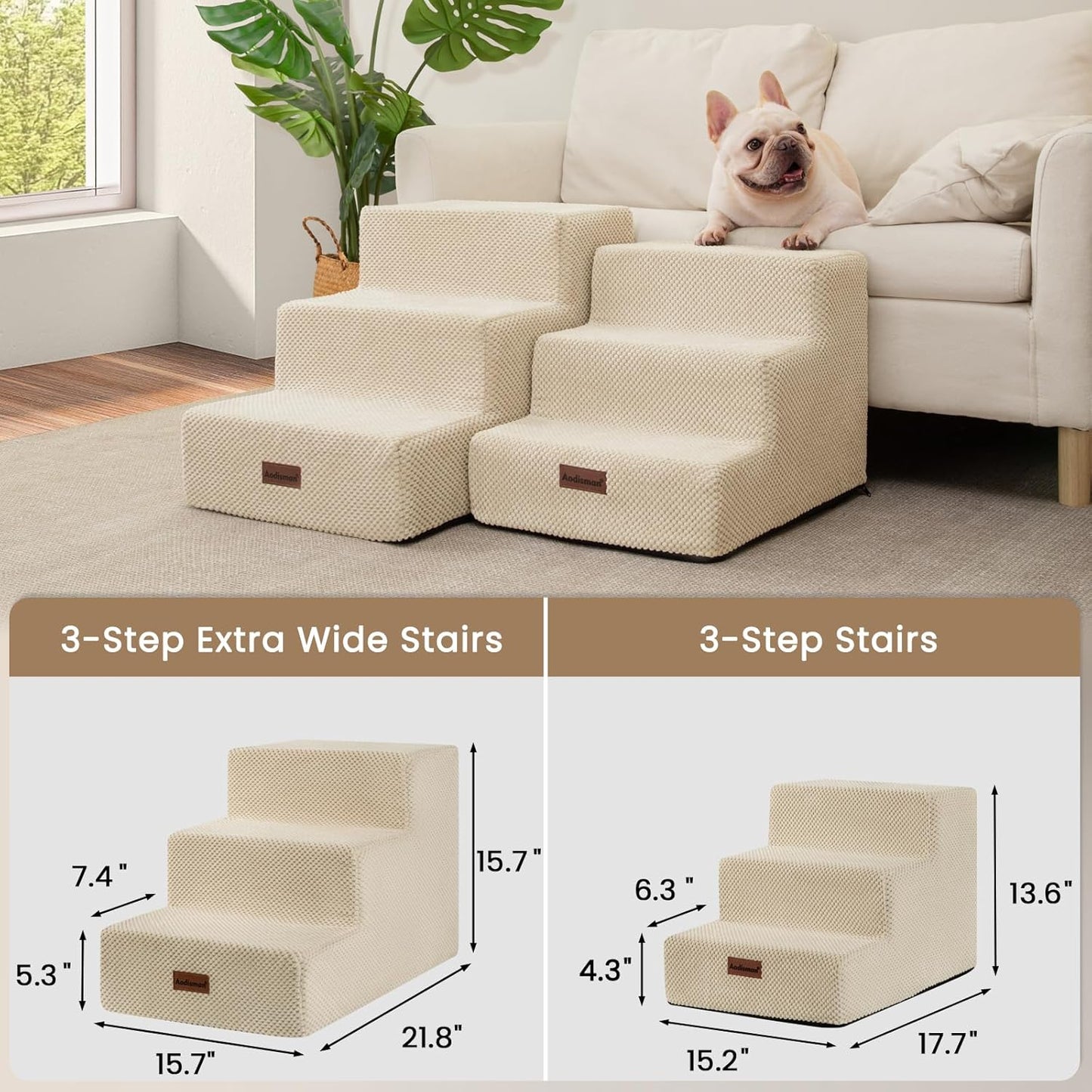 Dog Stairs for Small Dogs & Cats, 3-Step Extra Wide Non-Slip Pet Steps for Couch Sofa and Chair, Beige, 15.7" H - Pet Explorer