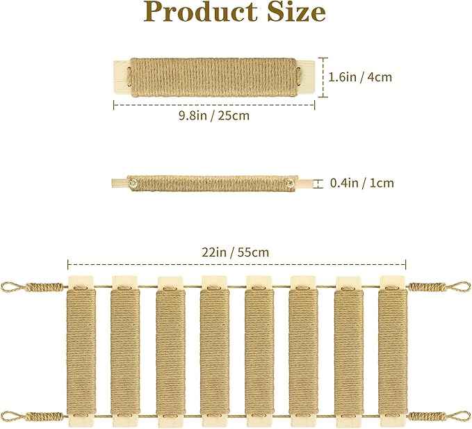 Adjustable Cat Ladder & Bridge - Multi-Functional Wall Furniture Climbing Frame | Sisal-Rope Wrapped Rungs for Secure Climbing | Indoor Cats, Small Pets | Cage Accessories (Wood)