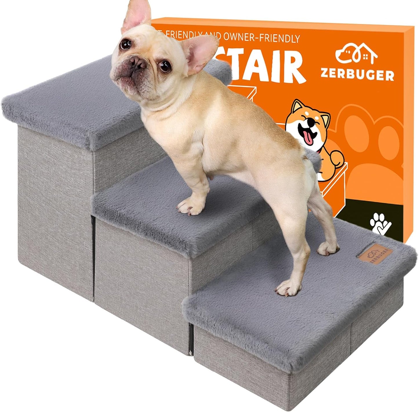 Dog Stairs with Furry Lids 18" H, 3-Step Wider Dog Steps with Storage for Small/Medium/Large Old Dogs Cats, Folding Sturdy Pet Stairs Climbing Bed Couch, Ramp for Car Hold Up to 200 lbs, Grey - Pet Explorer
