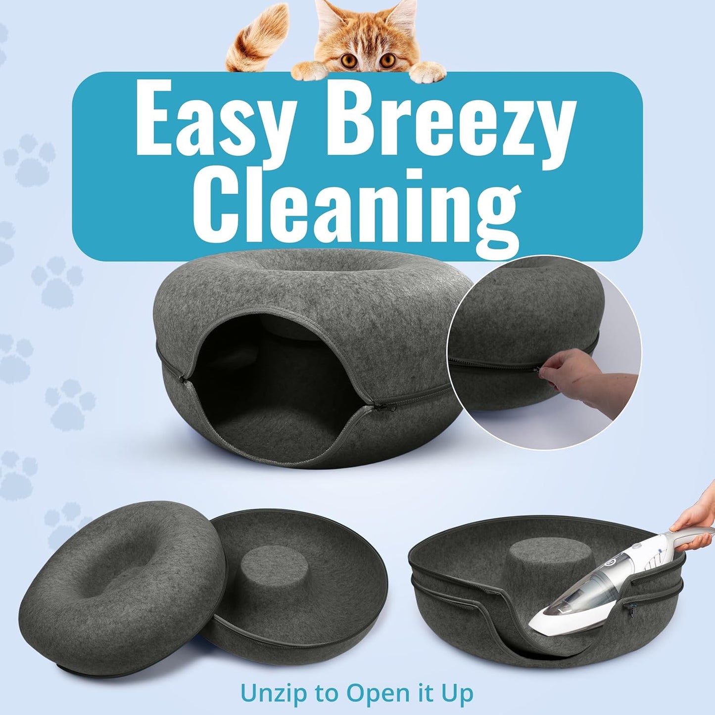 Okoco Cat Tunnel Bed for Indoor Cats Large, 24" Peekaboo Cat Cave Donut Bed for Pets up to 45lbs, 2-in-1 Round Tube with Hanging Ball Toy & Removable Machine Washable Parts (Dark Gray) - Pet Explorer