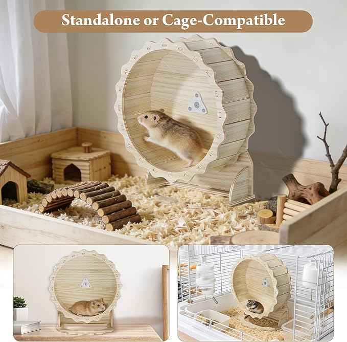 Wooden Hamster Wheel, Silent Running Wheel for Small Pets, 8 Inch Natural Wood Exercise Wheel with Stand, Quiet Spinner for Dwarf Hamsters, Roborovski, Gerbils, Mice and More