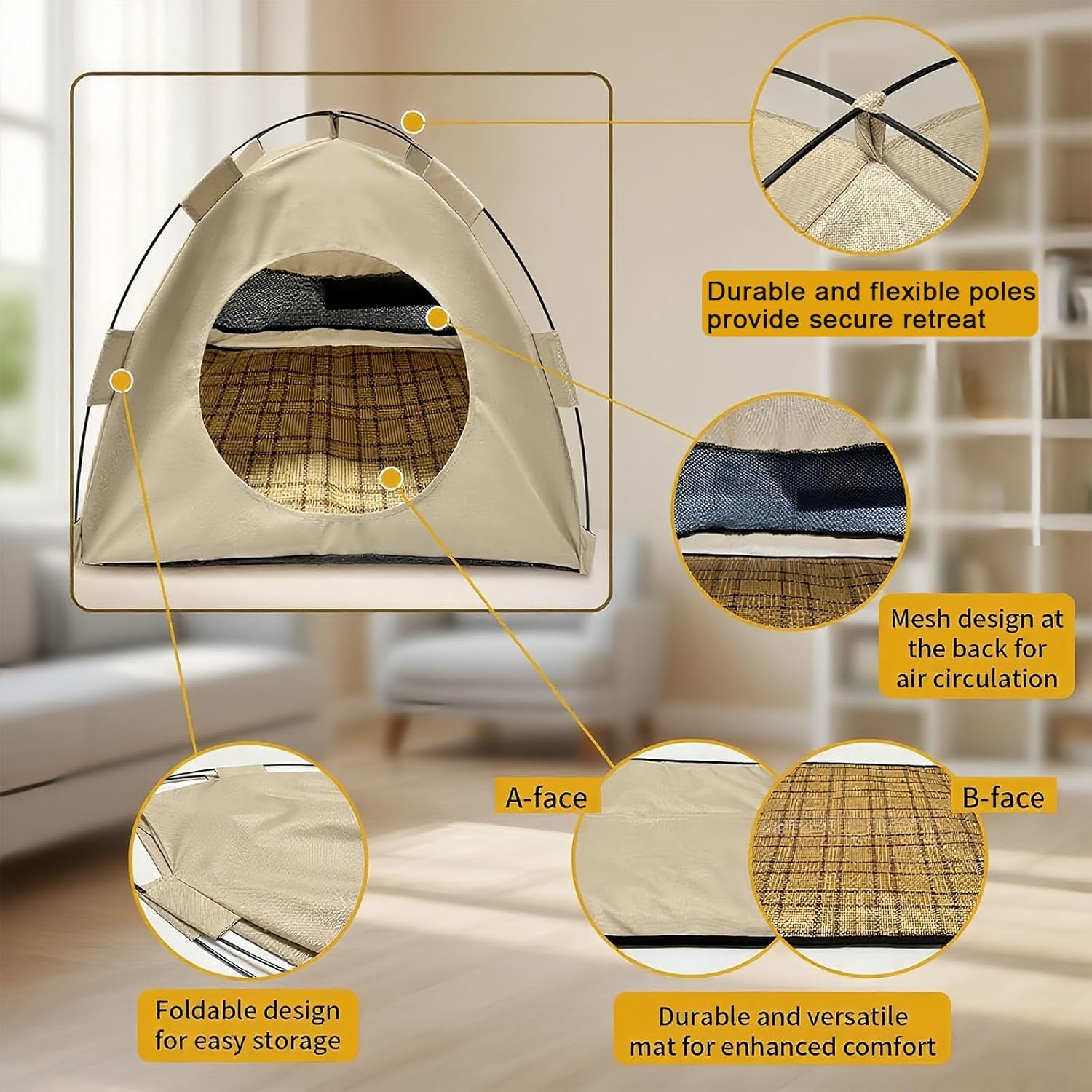 BreezyDen Pop-Up Pet Tent – Portable Hideaway for Cats & Small Dogs, Portable Indoor/Outdoor Pet Tent House with Mesh Window, Waterproof, Breathable, Scratch-Resistant, Fully Washable (Beige,L) - Pet Explorer
