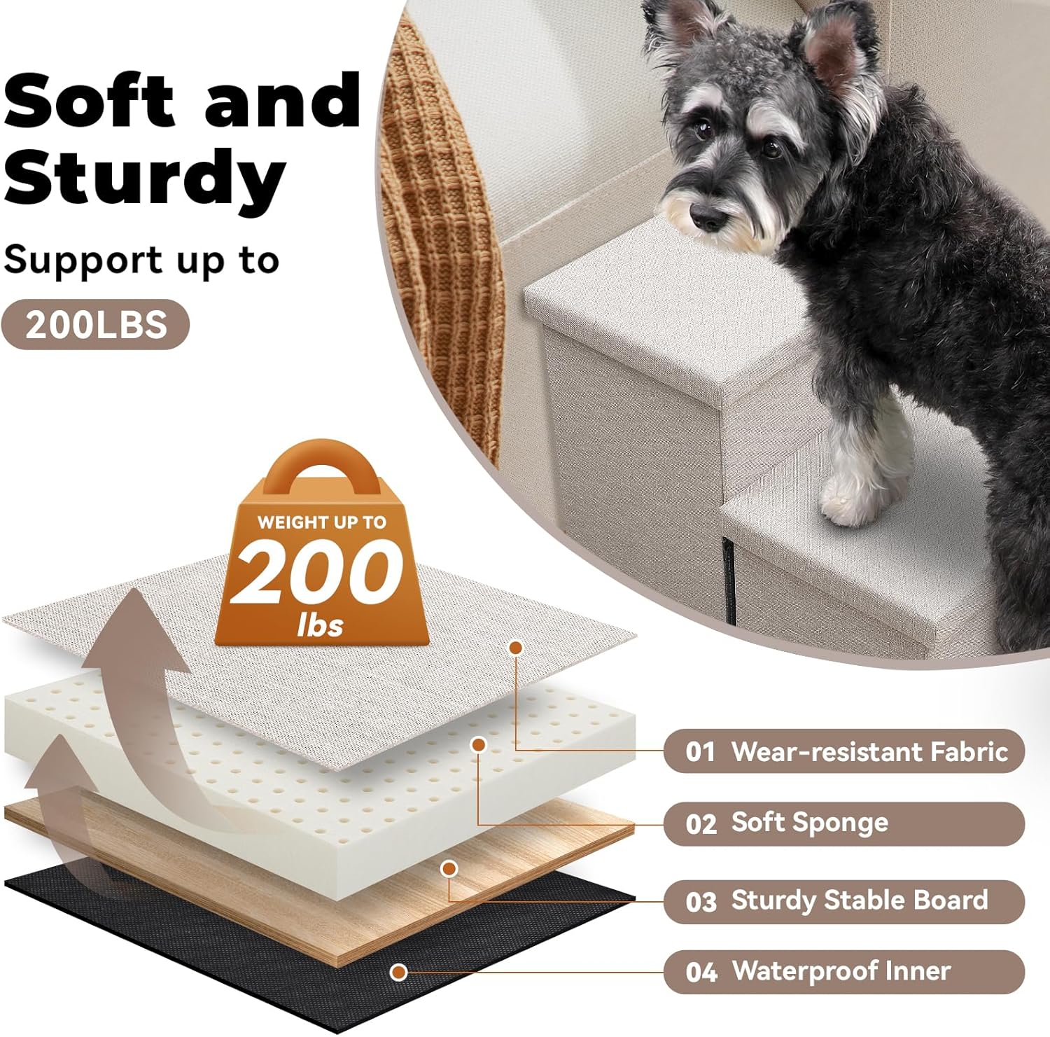 Dog Stairs with Condo 18" H, 3-Step Wider Dog Steps for High Beds Couch, Folding Storage Pet Stairs Gift for Small/Medium/Large Old Dogs Cats, Ramp for Climbing Car Up to 200 lbs, Beige - Pet Explorer