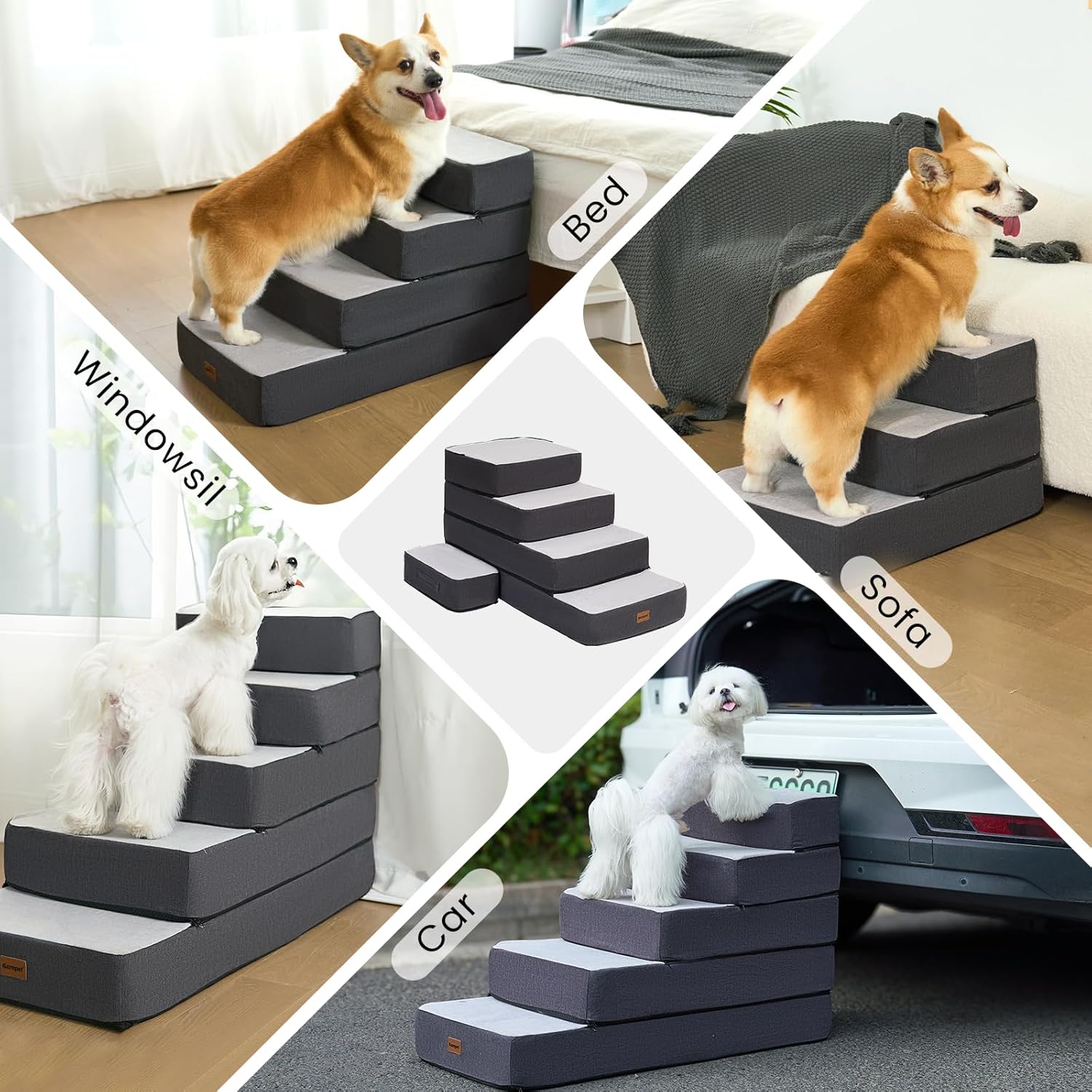 3-Step Adjustable Dog Stairs for Sofa and Couch, Dog Steps for Small Dogs and Cats, Foldable Pet Stairs for Low Bed Climbing, Non-Slip Pet Step Indoor, Grey - Pet Explorer