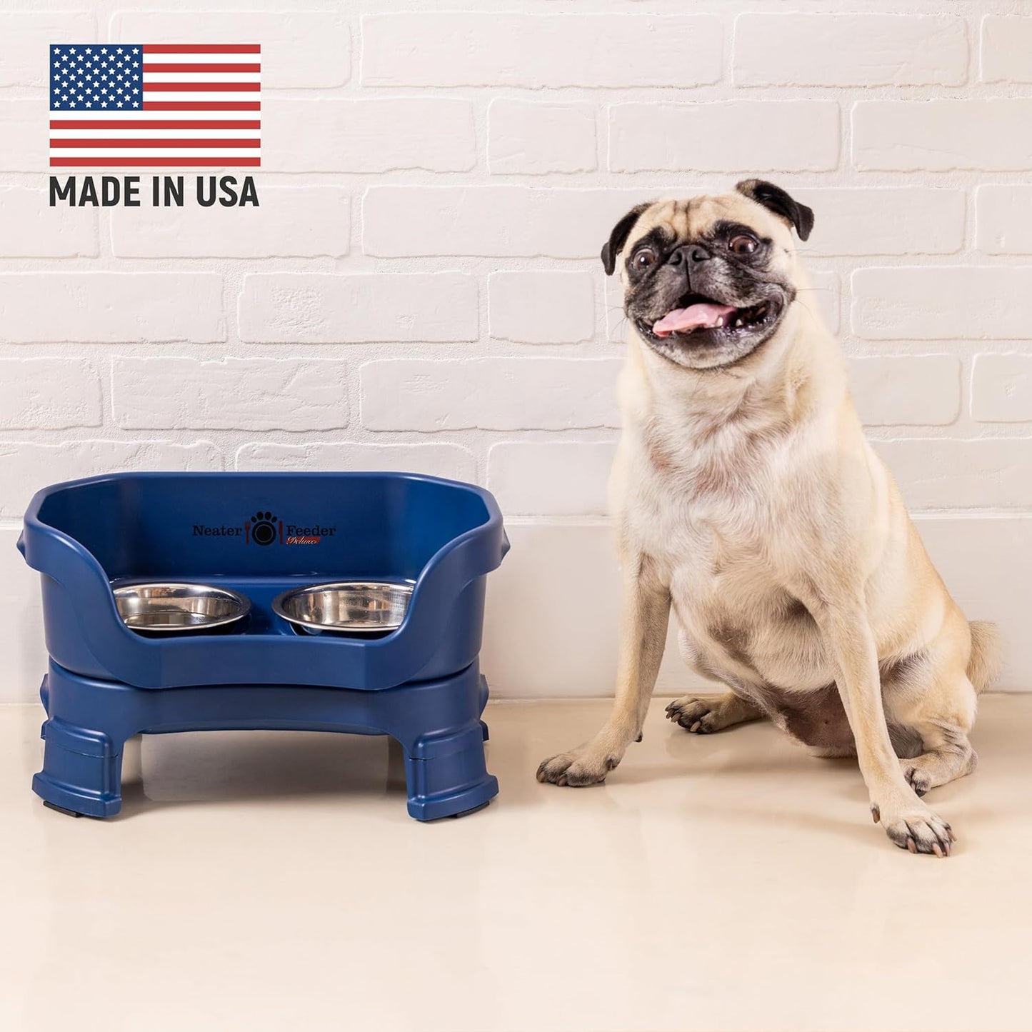 Neater Feeder Deluxe Mess Proof Dog Bowls Elevated for Small Breeds – Made in USA – No Spill Raised Dog Food Bowl Stand w/Leg Extensions – Stainless Steel Food and Water Bowl Set – Dark Blue - Pet Explorer