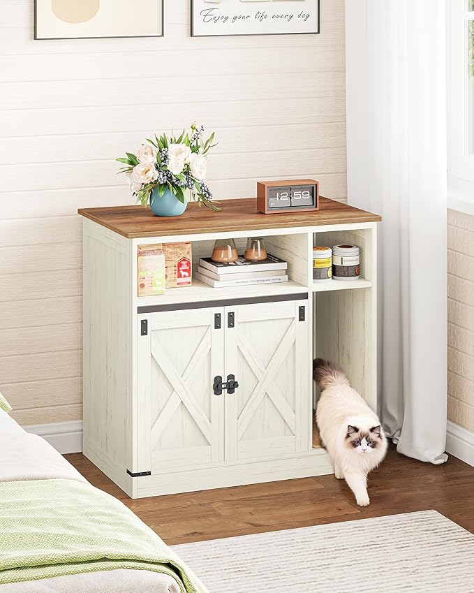 Cat Litter Box Enclosure, Hidden Litter Box Furniture with Storage, Wooden Cat Cabinet with Scratch Pad, Farmhouse Cats House, TV Stand End Table, Rustic Brown and White CB87514X