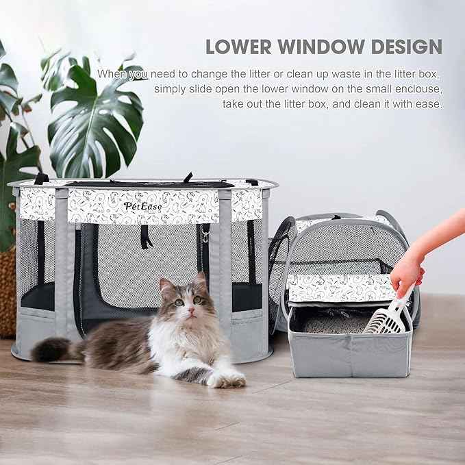 Portable Cat Playpen with Litter Box, Cat Enclosure for Camping, Cat Recovery Playpen After Surgery, Foldable Indoor Outdoor Pet Tent for Cats Rabbits Puppies (Light Gray)