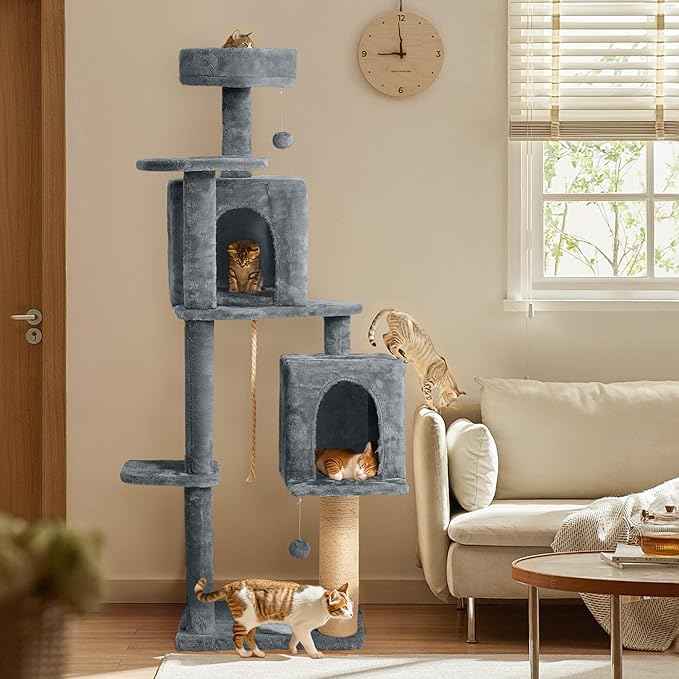 58in Large Cat Tree Tower for Indoor Cats with Soft Plush Hang Ball, Two Condos, Sisal Scratch Posts & Rope Play for Kittens/Adult Cats, Grey