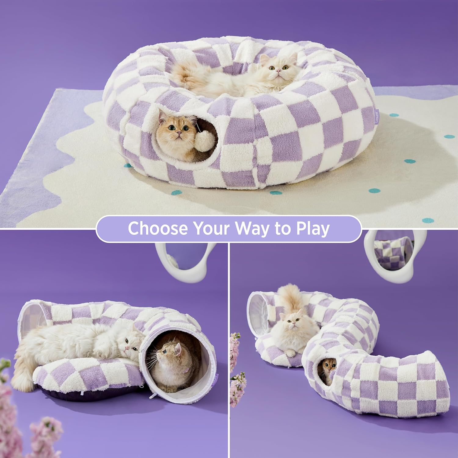 Lesure Cat Tunnel Bed for Indoor Cats - Cute Cat Donut Tunnel Toys for Small Large Cats with Washable Circle Cushion, Round Pet Peekaboo Cave Toy for Kitten/Puppy/Rabbit, Standard Purple - Pet Explorer