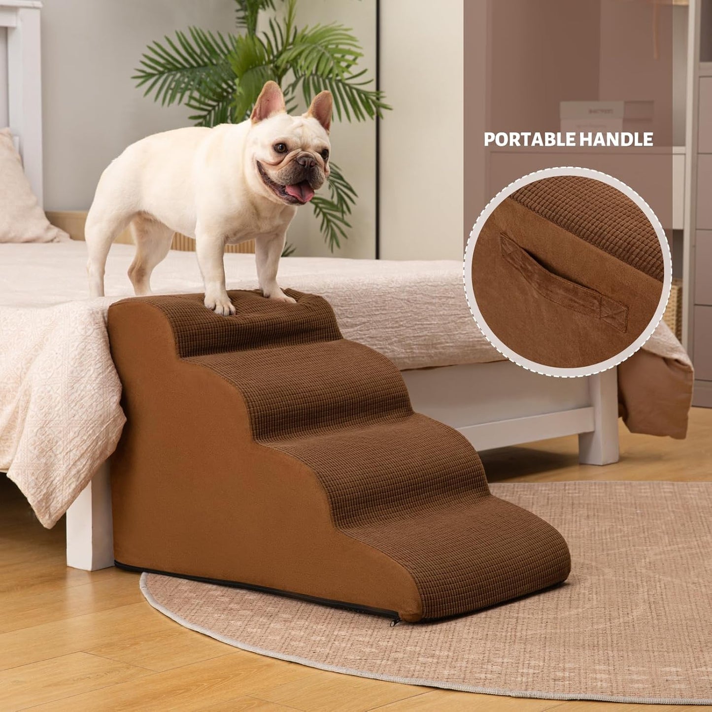 4-Step Dog Stairs and Ramp for Beds or Couches – Non-Slip Sturdy Pet Steps for Small Dogs and Cats,17.4" H,Brown - Pet Explorer