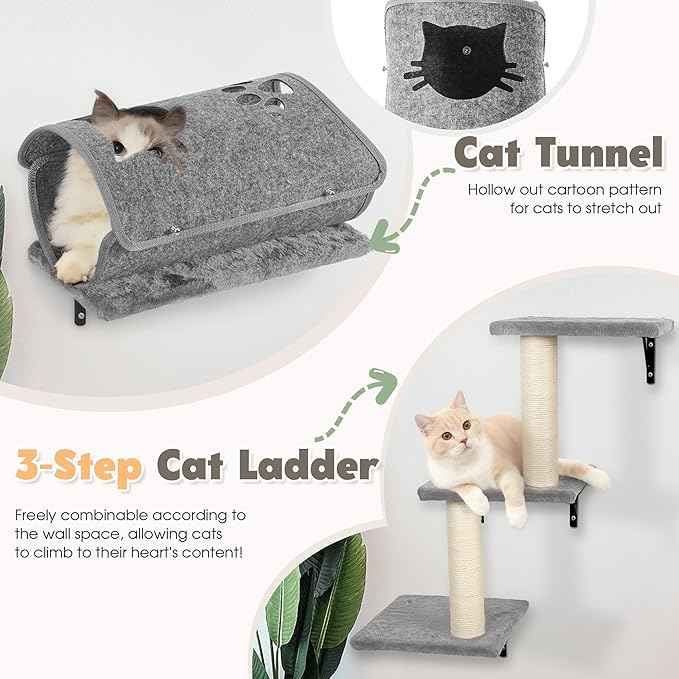 NUNU LAB 7-in-1 Wall Mounted Cat Climber Set, Cat Wall Furniture Set with House, Bridge, Steps, Scratcher Post, DIY Playground, Cat Wall Shelves - Gray