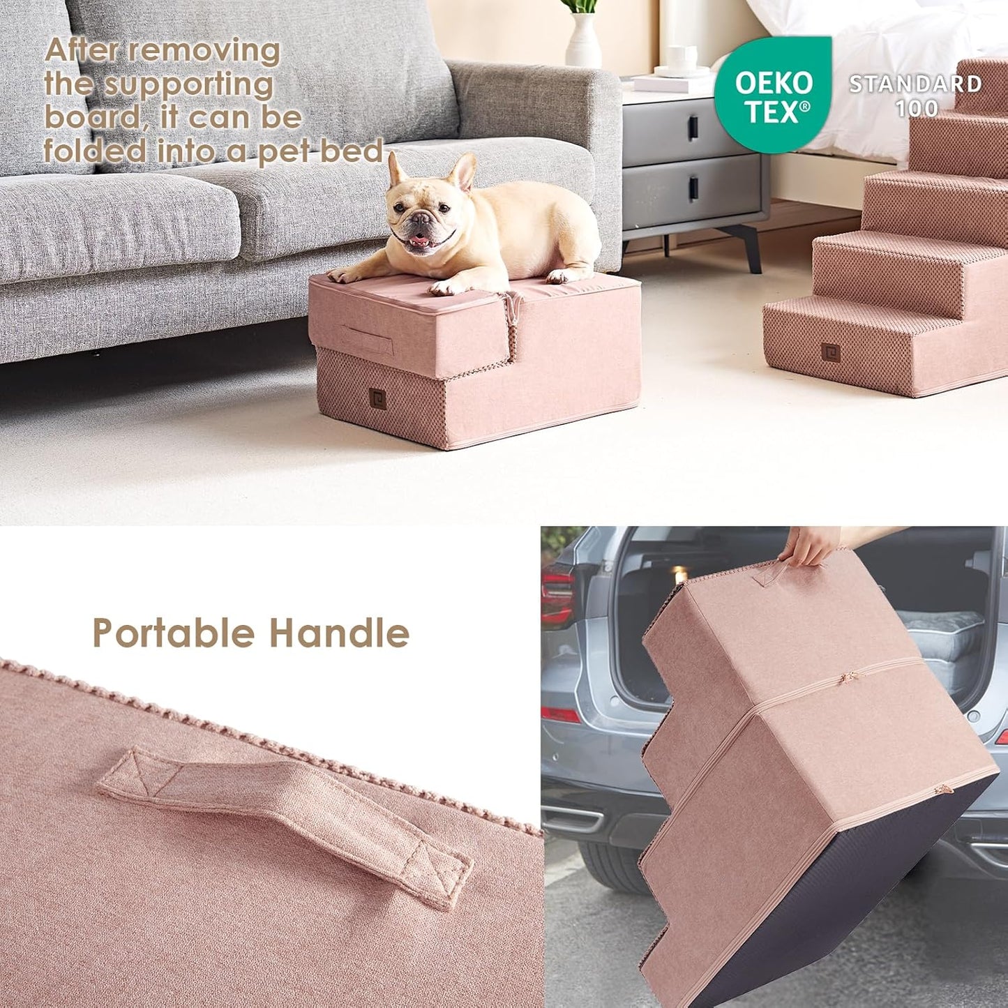 EHEYCIGA Dog Stairs for Small Dogs 13.5" H, 3-Step Dog Steps for Couch Sofa and Chair, Pet Steps for Medium Cats, Non-Slip Balanced Pet Ramp Indoor, Pink - Pet Explorer
