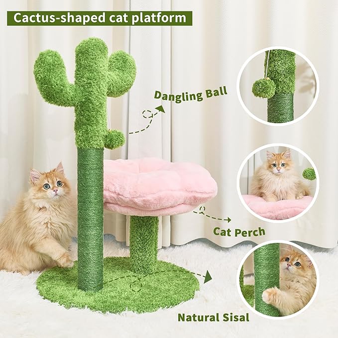 Cat Scratching Post, 28.35" Cactus Cat Scratcher Kitten Scratch Post with Cat Bed，Sisal Rope for Indoor Cats Claw Scratcher for Indoor Cats and Kittens