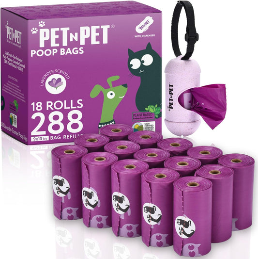 Pet N Pet Poop Bags for Dogs, 288 Counts Lavender Scented Dog Poop Bags Rolls with Leash Dispenser, USDA Certified 38% Plant Based & 62% PE Dogs Waste Bag, Doggie Poo Bag - Pet Explorer
