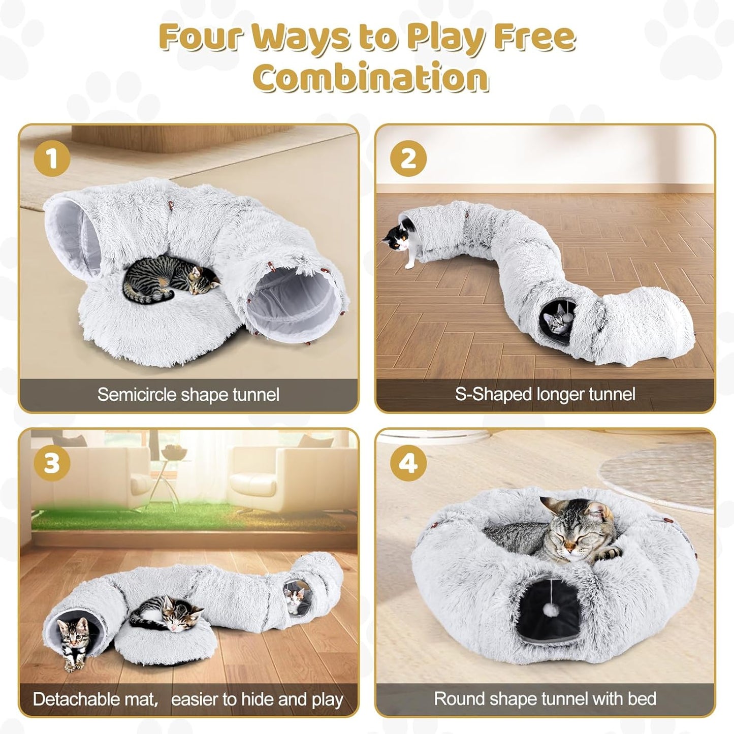 Odoland Cat Tunnel Bed with 20 Cat Toys - Indoor Plush Kitten Couch, Detachable Cats Cave Donut Tunnel & Soft Kitten Toy Set - Cozy Cat Furniture, White - Pet Explorer