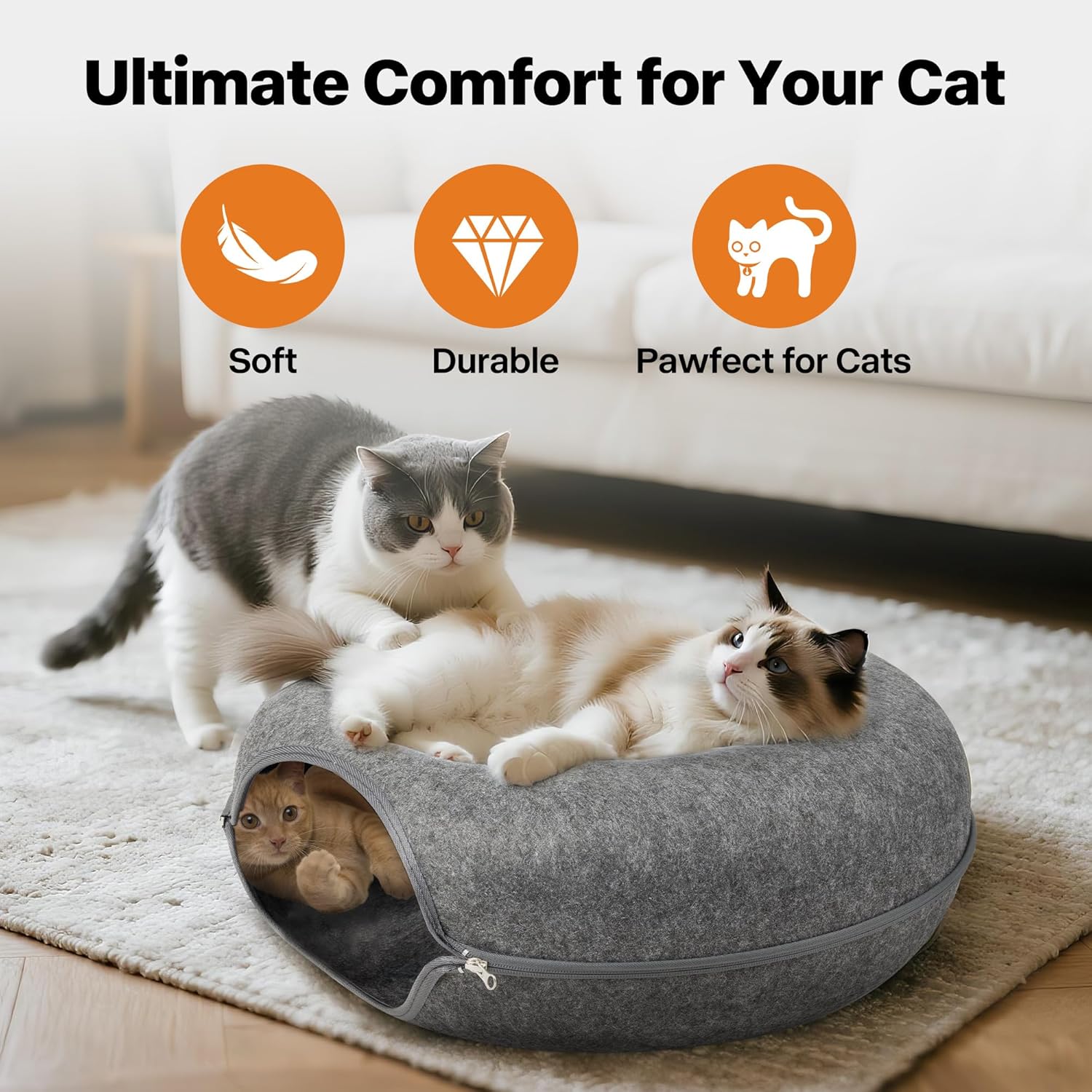 Pawise Peekaboo Cat Cave Donut Tunnel Bed, Cat Tunnel Bed,Bonus Separate Pom-Pom Bell Toy (Not Attached to Cave),Convertible Felt Cats Cave for Indoor Catty(Large) - Pet Explorer