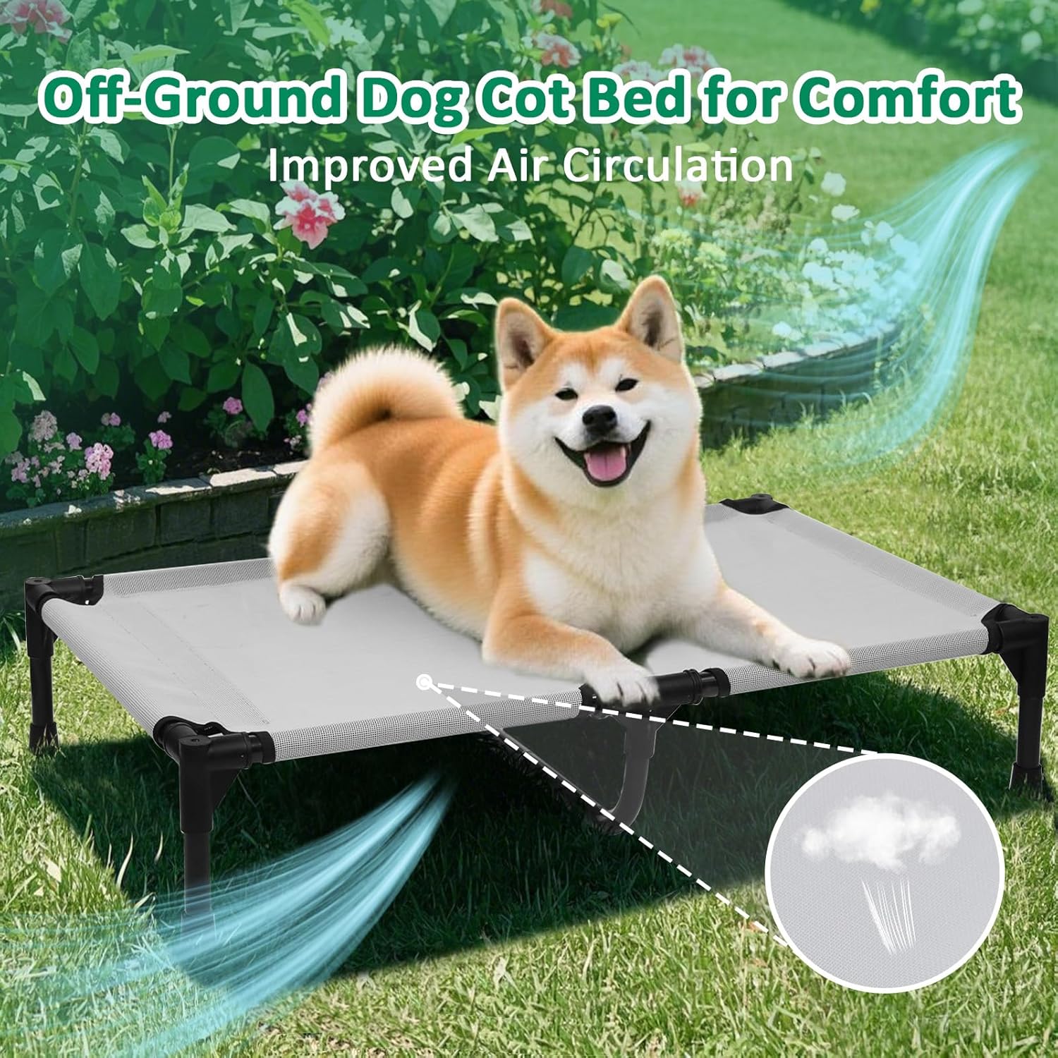 Elevated Dog Cots Beds for Medium Dogs, Raised Dog Camping Bed with Skid-Resistant Feet & Breathable Mesh, Lifted Pet Hammock Bed with Frame, Grey - Pet Explorer