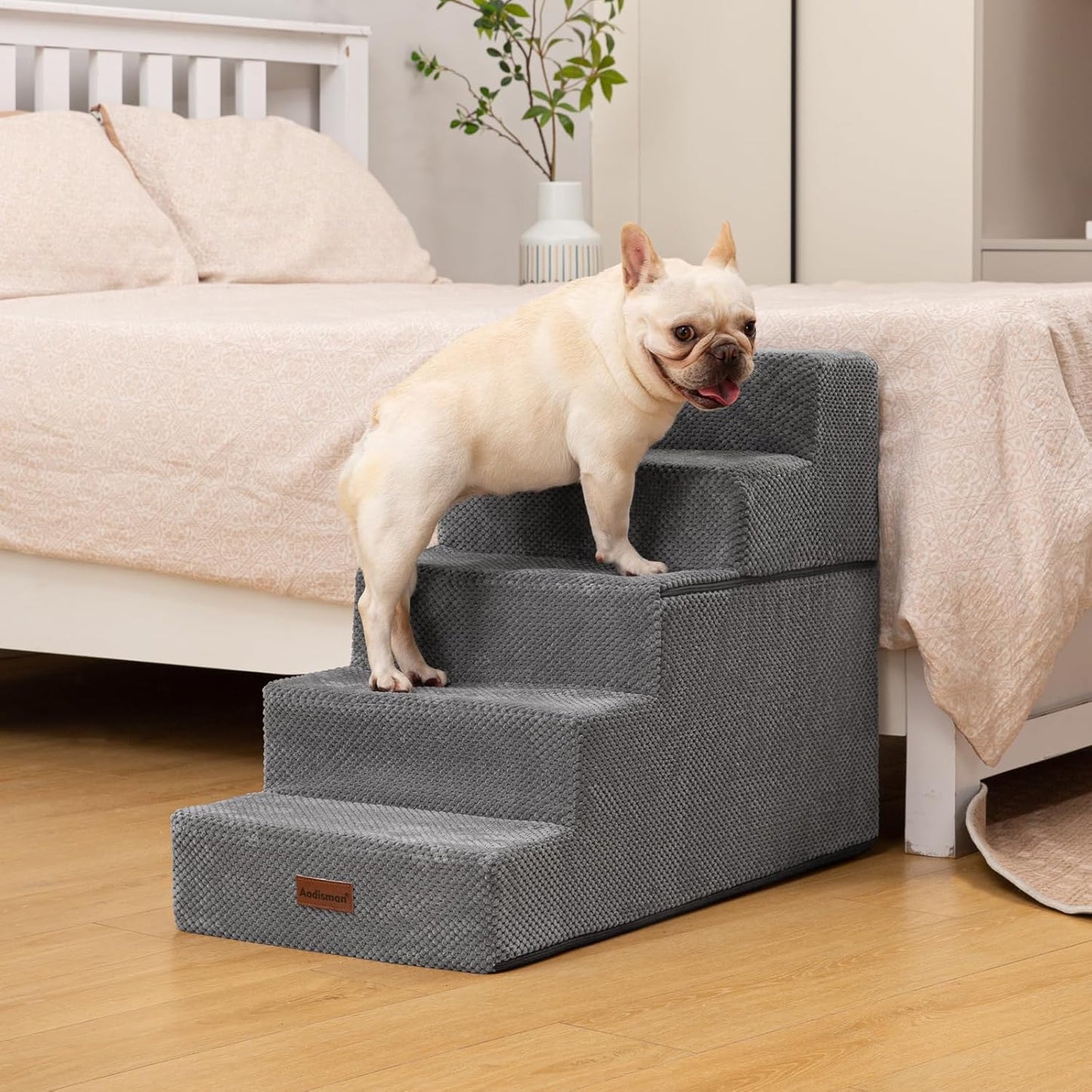Dog Stairs for High Bed 22.6" H,5-Step Dog Steps for Small Dogs and Cats,Indoor Non-Slip Balanced Pet Stairs are Suitable for Puppy,Older Cat,Grey - Pet Explorer