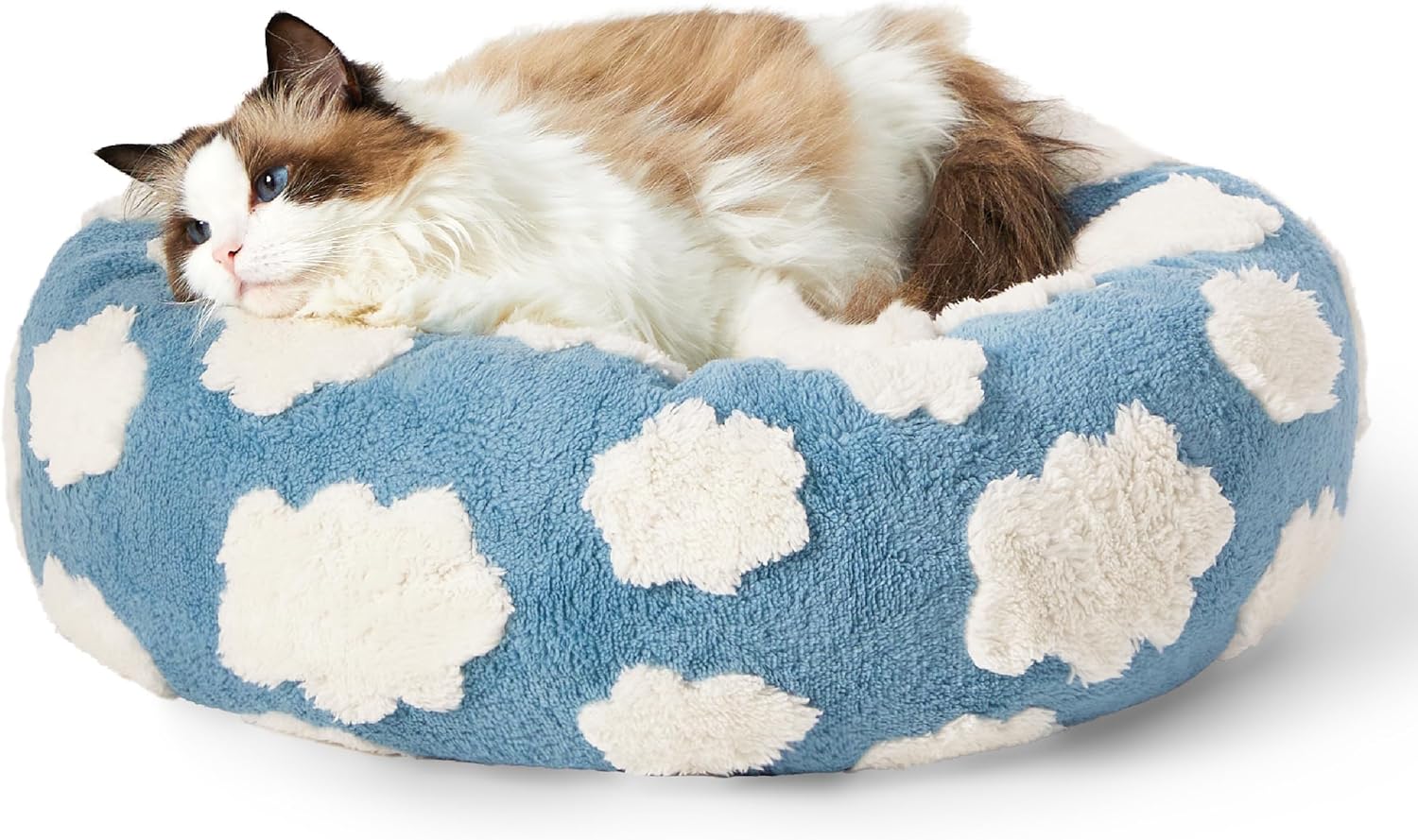 LE SURE Donut Cat Beds for Indoor Cats - Small Round Dog Bed for Calming Pets with Washable Cover, Cute Modern Puppy Beds with Jacquard Shaggy Plush & Anti Slip Bottom, 20 Inch, Blue - Pet Explorer