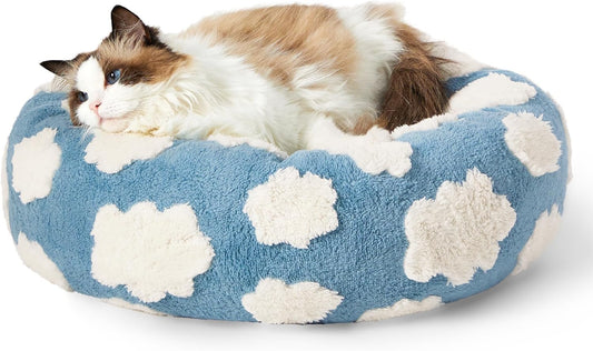 LE SURE Donut Cat Beds for Indoor Cats - Small Round Dog Bed for Calming Pets with Washable Cover, Cute Modern Puppy Beds with Jacquard Shaggy Plush & Anti Slip Bottom, 20 Inch, Blue - Pet Explorer
