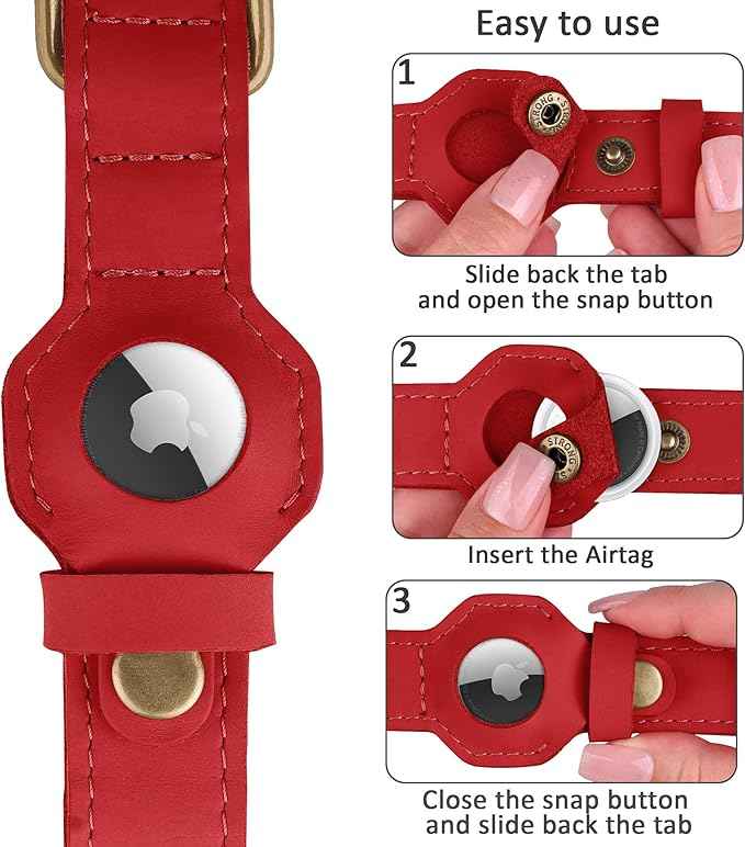 AirTag Dog Collar - Genuine Leather Dog Collar with Apple AirTag Holder and Metal Buckle - Smart GPS Tracking Pet Collars (Red, M, 14"-18" Neck Fit)
