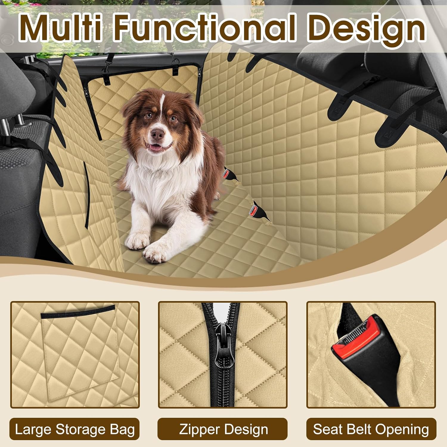 Waterproof Dog Car Seat Cover for Back Seat - Durable, Scratch Proof Pet Hammock with Nonslip Design & Storage Pockets, Fits Cars, SUVs, Trucks - L, Khaki/Black - Pet Explorer