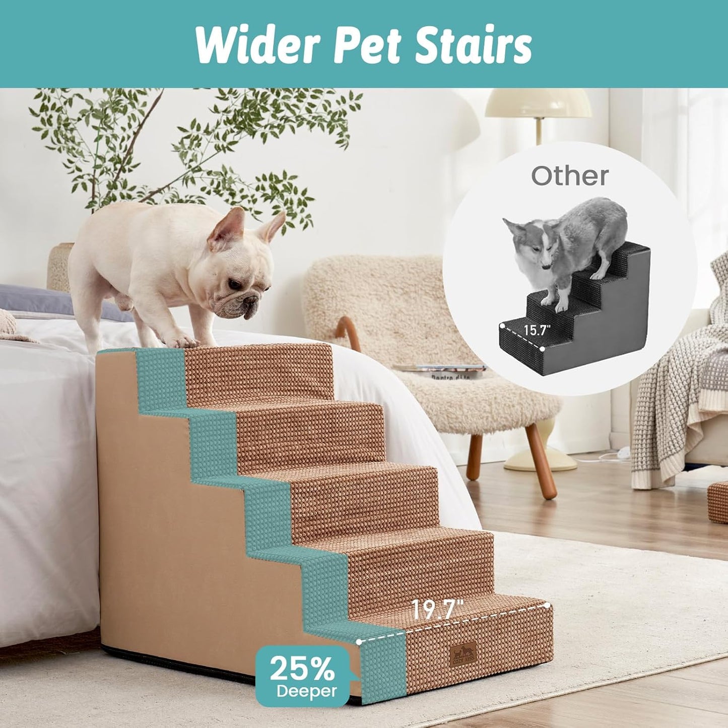 Dog Stairs for Small Dogs, 5 Tier Wider Pet Stairs for High Beds, 23.6" H Non-Slip Dog Steps for Old Cats, Puppies, Small Medium Dogs, 29.5x19.7x23.6 inch, Light Brown - Pet Explorer