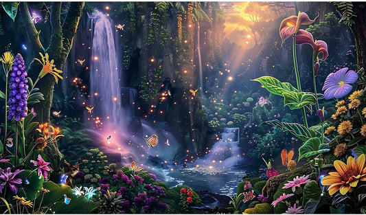 Fantasy Garden Aquarium Background Sunset Waterfall and Flowers Terrarium Backdrop Tropical Forest Lush Plant Magic Butterfly Lights Flowers Fish Tank Background Poster Decorations 36x18in - Pet Explorer