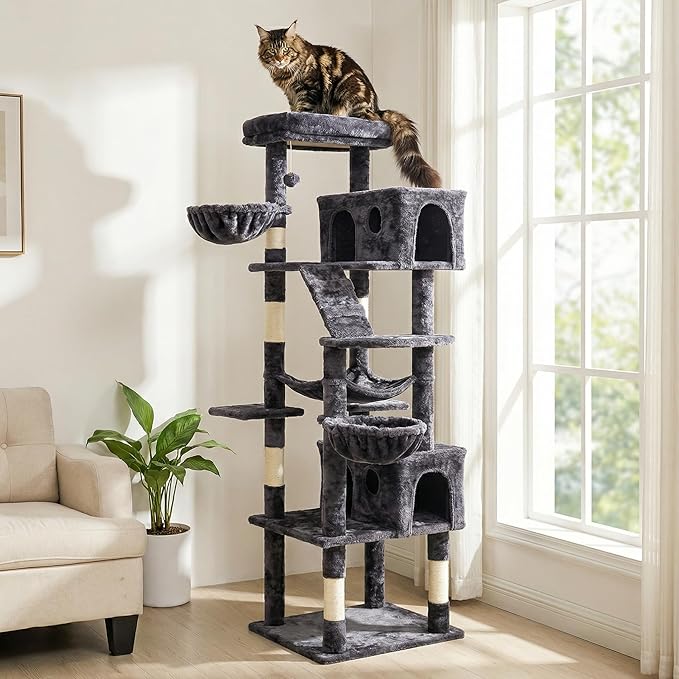 Large Cat Tree with Scratching Posts, Bed, Hammocks & Condos – Multi-Level Cat Tower for Playful Cats, 73" Modern Jungle Gym for Multiple Cats, Grey