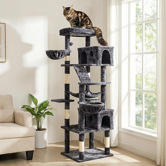 Large Cat Tree with Scratching Posts, Bed, Hammocks & Condos – Multi-Level Cat Tower for Playful Cats, 73" Modern Jungle Gym for Multiple Cats, Grey
