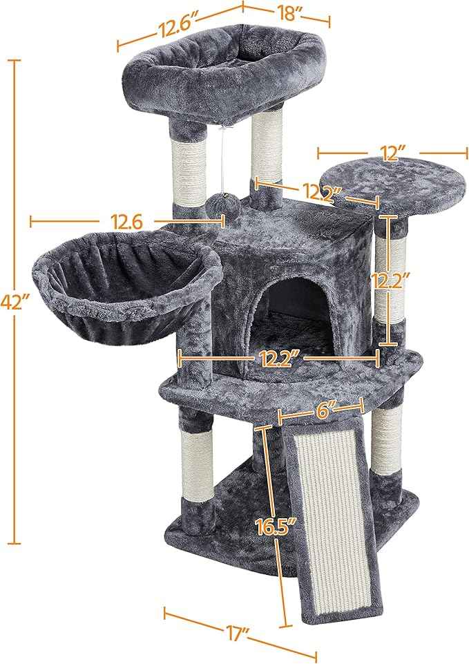 Topeakmart Cat Tree, 42in Multi-Level Cat Furniture with Perch, Scratching Posts, Hammock & Condo, Dark Gray