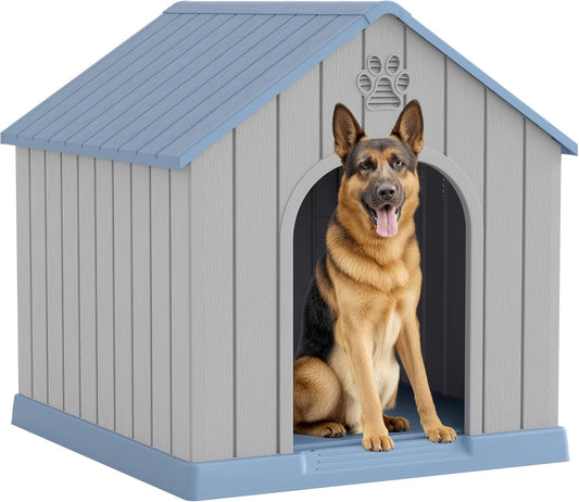 Large Dog House Outdoor Indoor for Medium Large Dogs, Durable Plastic Waterproof Doghouse with Air Vents and Elevated Floor, Easy Clean and Assemble (Blue, 36.2''L×38''W×38''H) - Pet Explorer