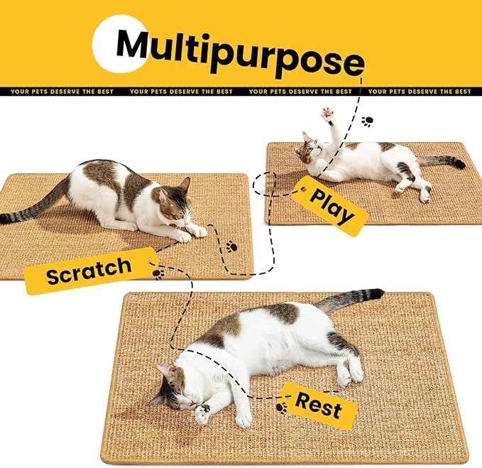 Cat Scratcher Mat,Sisal Cat Scratch Pad with Hook&Loop Tape,Wall Floor Kitten Scratching Pads Rug for Indoor,Furniture Protector for Couch&Carpets&Sofas,Kitty Bithday Gifts,Medium,Brown,2 Pack