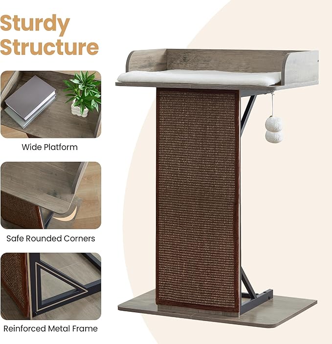 Modern Wood Cat Tree Tower for Indoor Large Cats, 33.8-Inch Tall Wooden Cat Trees with Big Perch Bed, Cat Scratching Pads, Washable Removable Cushions and Scratching Mat, Cat Furniture, Greigy