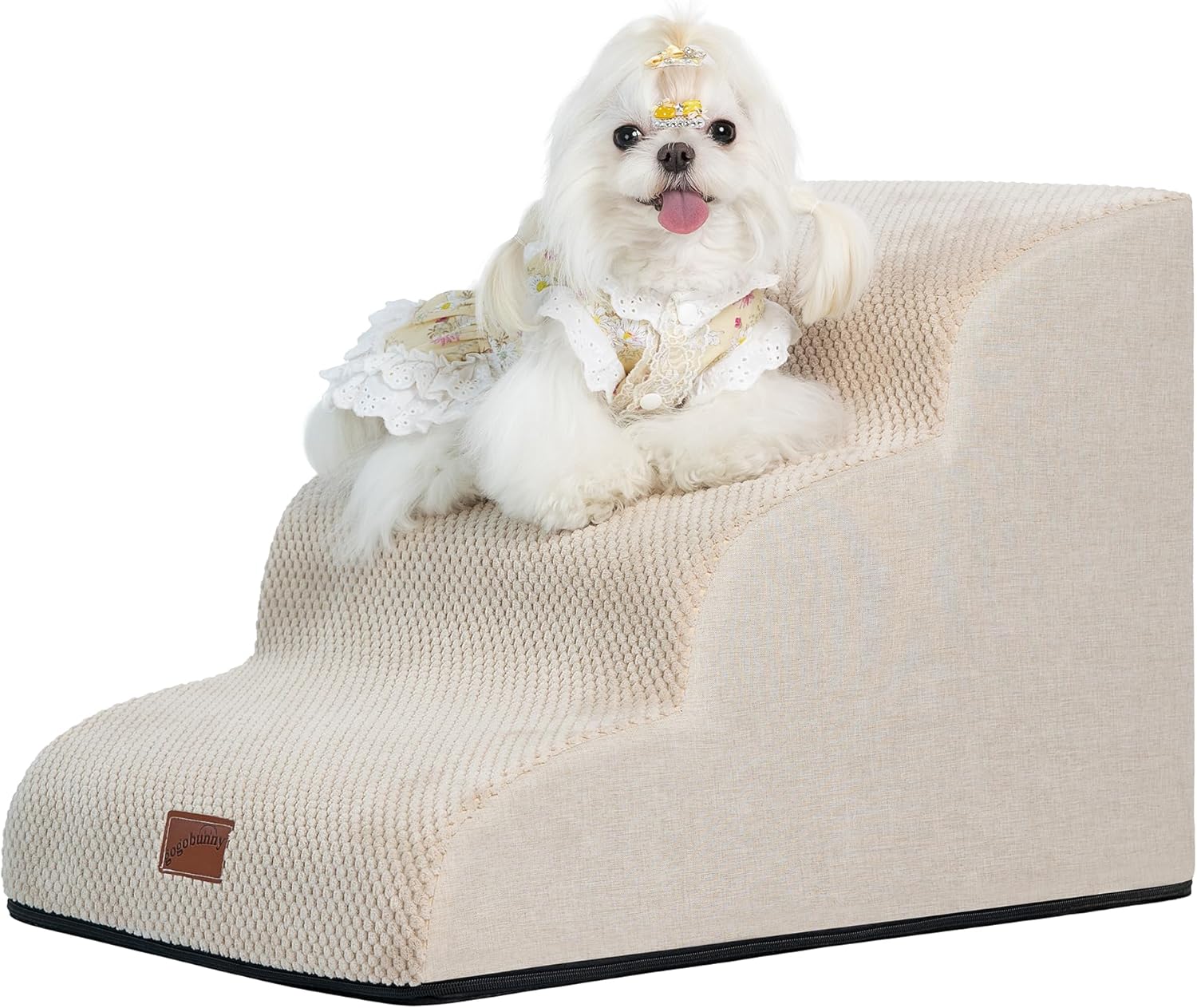 GoGoBunny Ramp Dog Stairs for Couch Sofa and Chair 15.7" H, 3-Step Pet Steps for Small Dogs and Cats, Non-Slip Waterproof Fabric Cover, Stable and Balanced Indoor Step, Pets Friendly, Beige - Pet Explorer