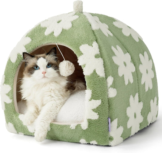 Lesure Cute Cat Beds for Indoor Cats - 2 in 1 Large Cat Cave Bed with Removable Washable Cushioned Pillow, Cozy Kitten Tent with Non-Slip Bottom, Green, 17.3 inches - Pet Explorer