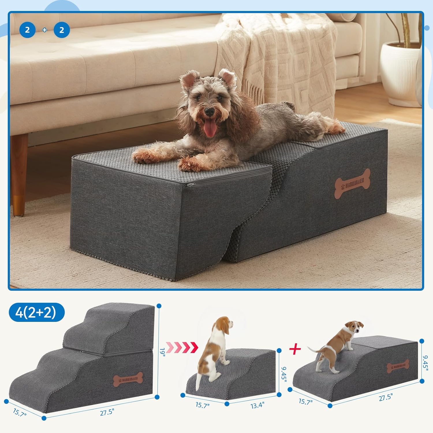 Dog Stairs 4 Steps for Small Dogs and Cats to Get on High Beds, Couch or Car, Pets Can Climb, Sit, Lie Down or Perch to Look Out Windows on The Spliceable Ramp, Provides Support, Grey（19" H） - Pet Explorer