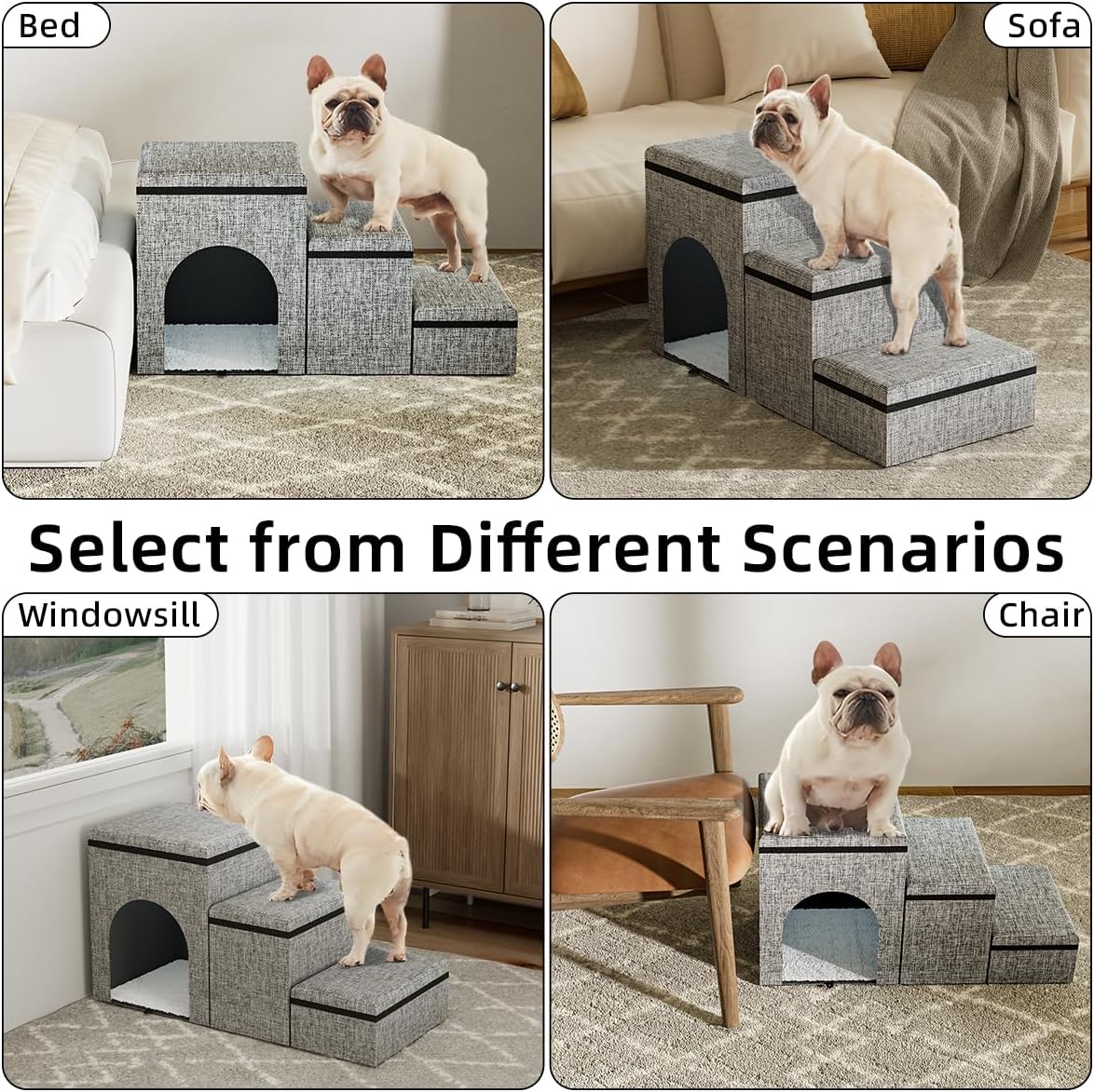 Dog Stairs with Storage, 3-Step Wider Dog Steps with Condo for Dogs and Cats, Pet Stairs for High Bed Climbing, Grey - Pet Explorer