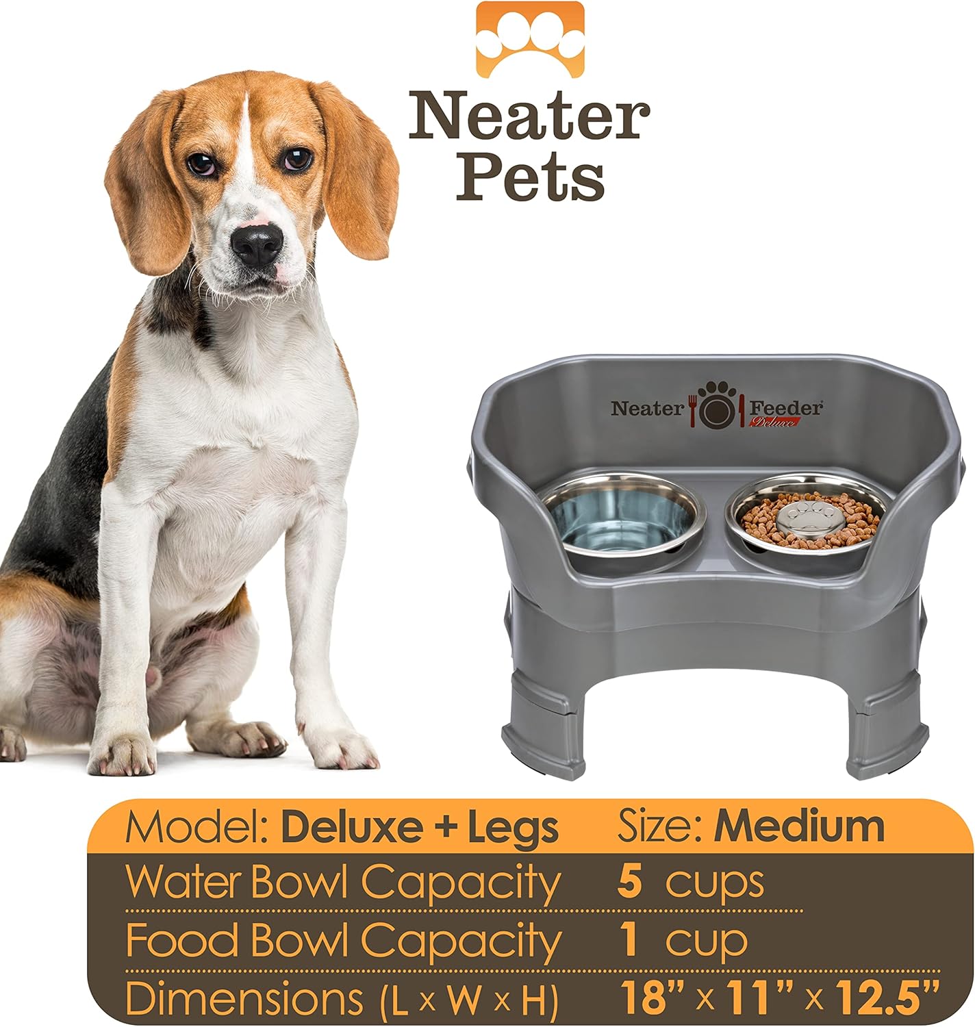 Neater Feeder Deluxe Mess Proof Dog Bowls Elevated for Medium Sized Breeds – Made in USA – No Spill Raised Slow Feeder Elevated Dog Bowl Stand w/Leg Extensions, Food and Water Bowl Set, Grey - Pet Explorer
