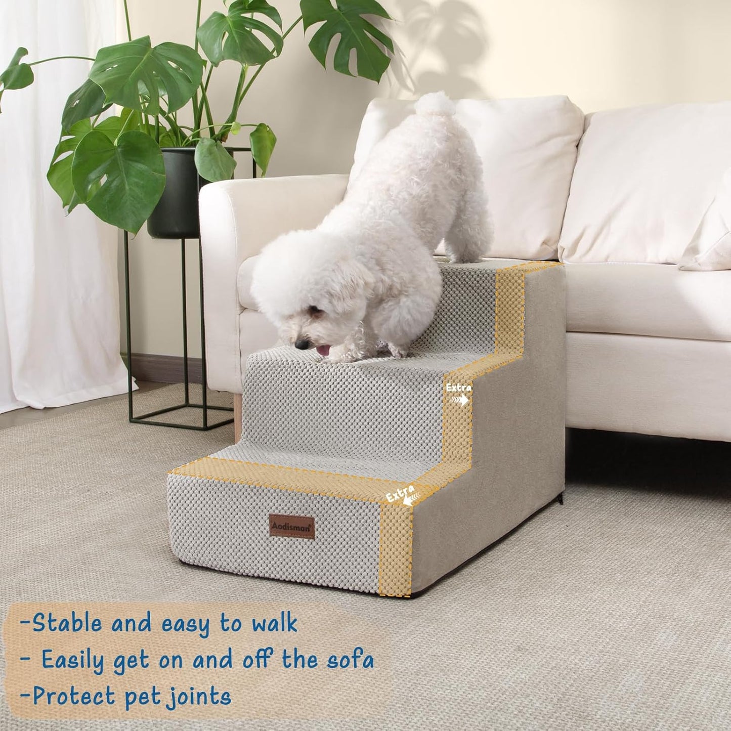 Dog Stairs for Small Dogs & Cats, 3-Step Extra Wide Non-Slip Pet Steps for Couch Sofa and Chair, Light Grey, 15.7" H - Pet Explorer