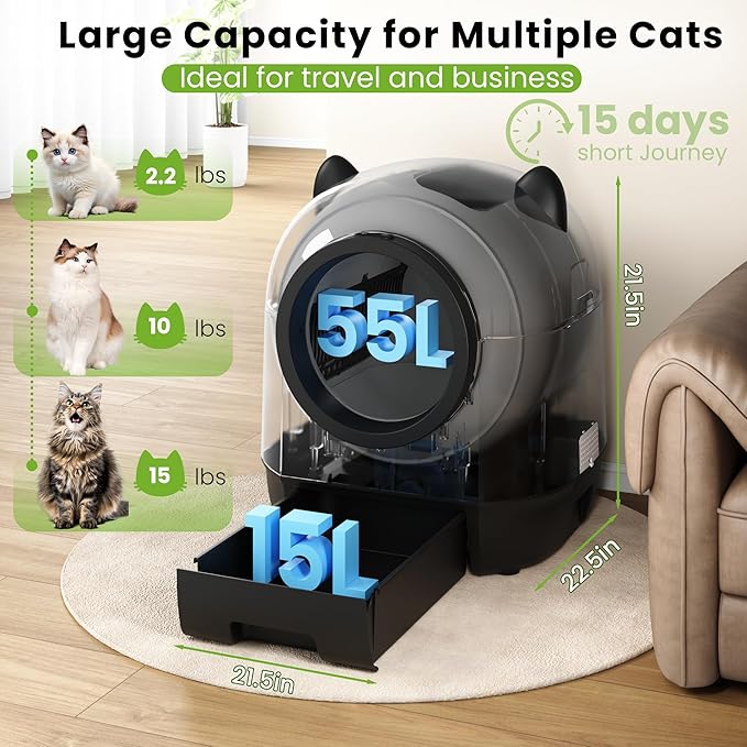 Realbear Automatic Cat Litter Box Self Cleaning Litter Box Large Capacity for Multiple Cats, App Control with Safety Sensors, Includes Scent Cartridge & 2 Roll Garbage Bags