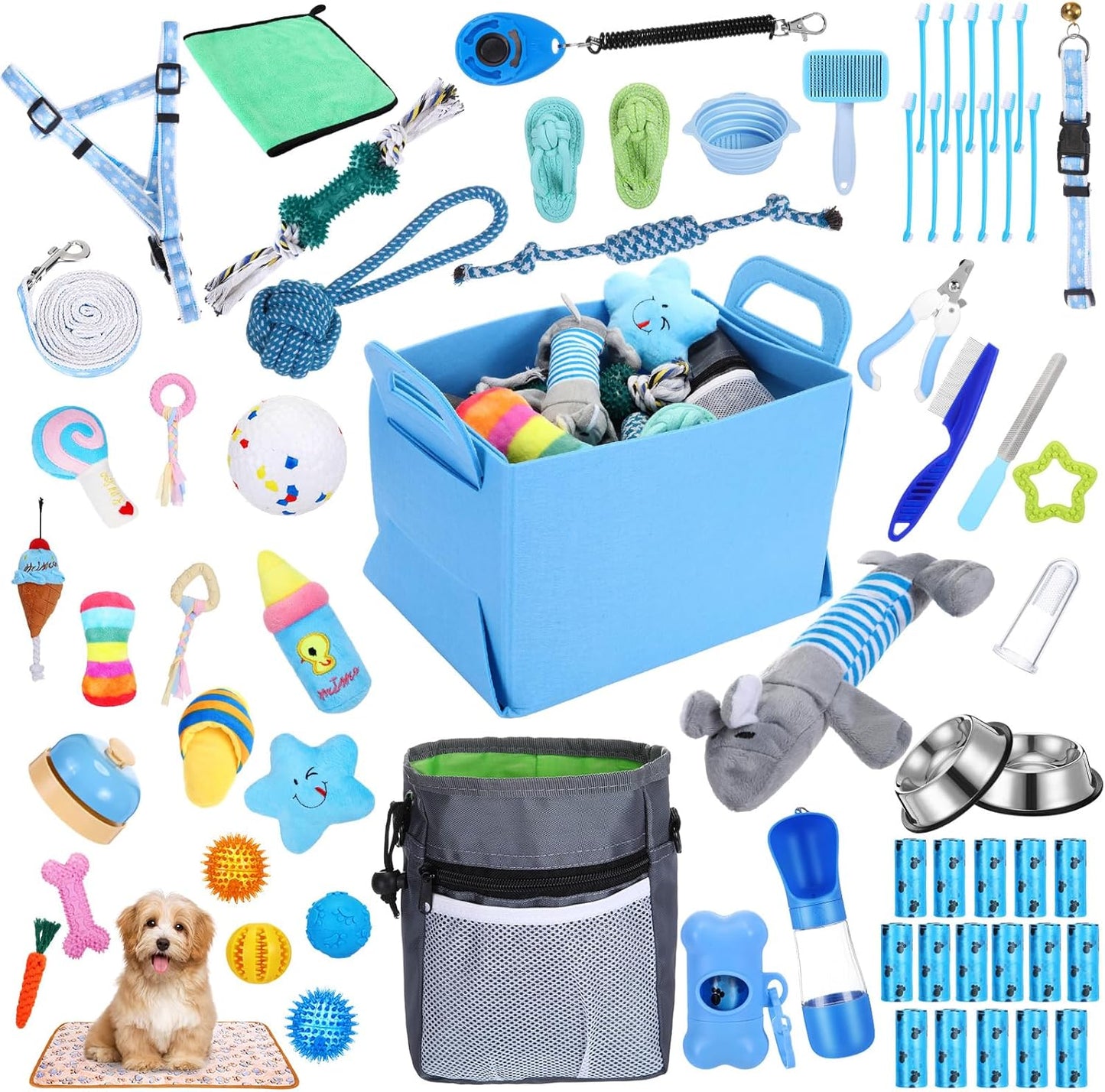 65 Pcs Puppy Supplies Starter Kit Small Dog Essentials Includes Dog Leash, Toys, Bowl, Brushes, Water Bottles, pet Blankets Puppy Accessories for New Welcome Gift Supplies(Cool,Blue) - Pet Explorer
