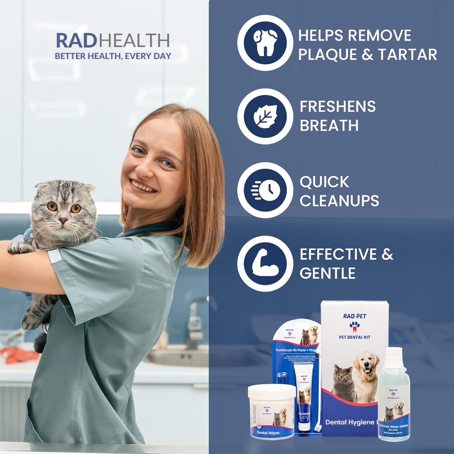 RAD PET - Advanced Pet Dental Hygiene Kit, Vet-Formulated Cat & Dog Tooth Brushing Kit, Complete Oral Care with Cat/Dog Toothbrush and Toothpaste (Enzymatic), Pet Dental Wipes & Water Additive - Pet Explorer