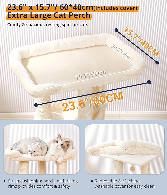 Happi N Pets 28" Cat Tree Tower, Tall Cat Scratching Post with Soft Perch for Window Viewing, Large Bed for Big Cats, Stable & Compact Cat Tower with Hammock, Removable Cover-Beige